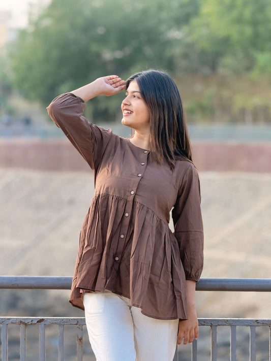 AURA Mocha Brown Solid Cotton Short Top