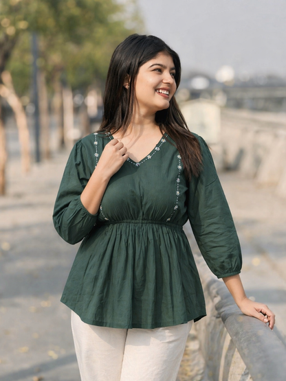 SUTRA Dark Green Handwork Cotton Short Top