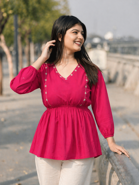 SUTRA Paradise Pink Handwork Cotton Short Top