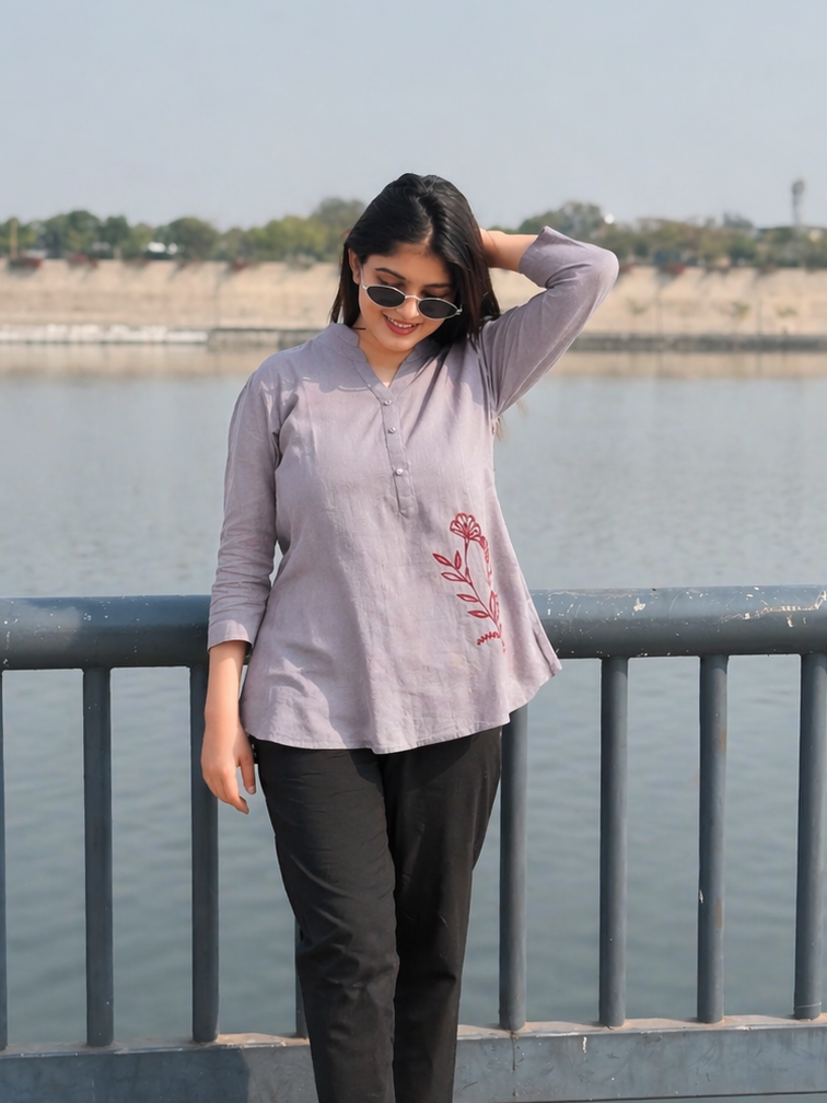 ELIO Cement Grey Embroidered Cotton Short Top