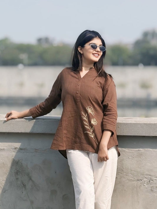ELIO Coffee Brown Embroidered Cotton Short Top