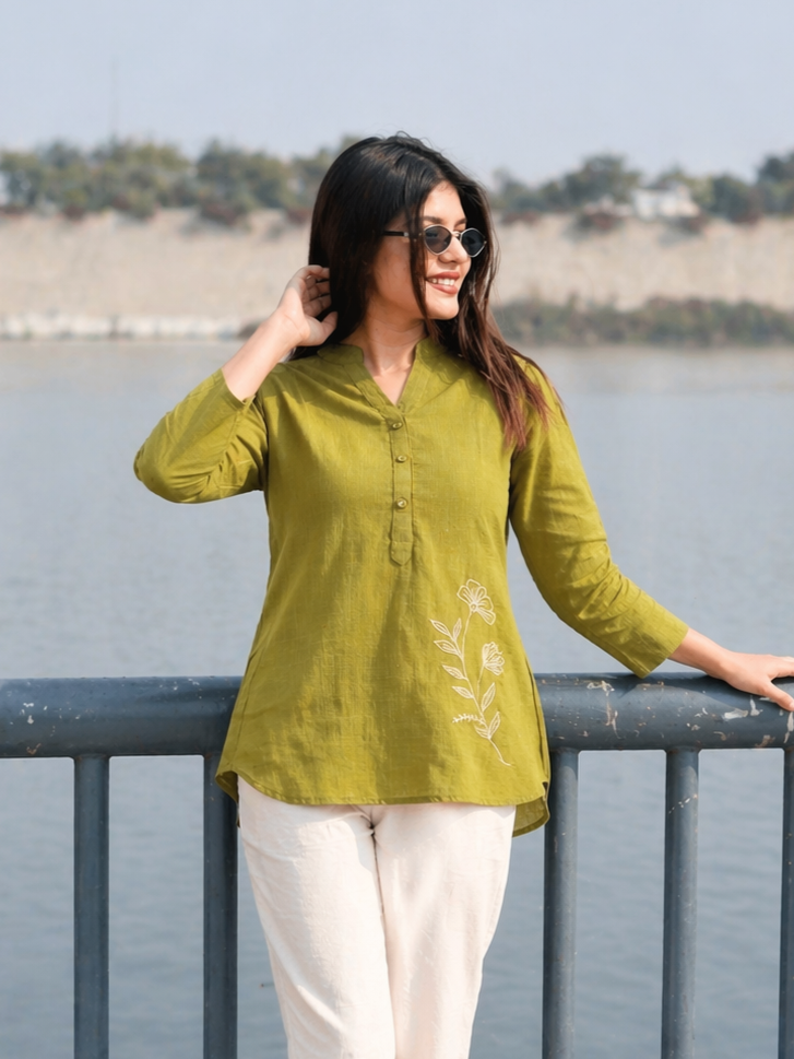 ELIO Light Olive Green Embroidered Cotton Short Top