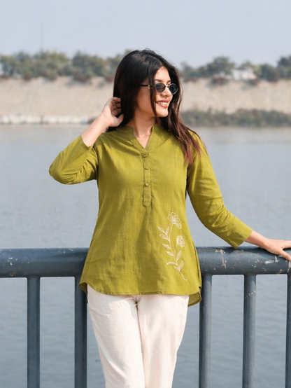 ELIO Light Olive Green Embroidered Cotton Short Top