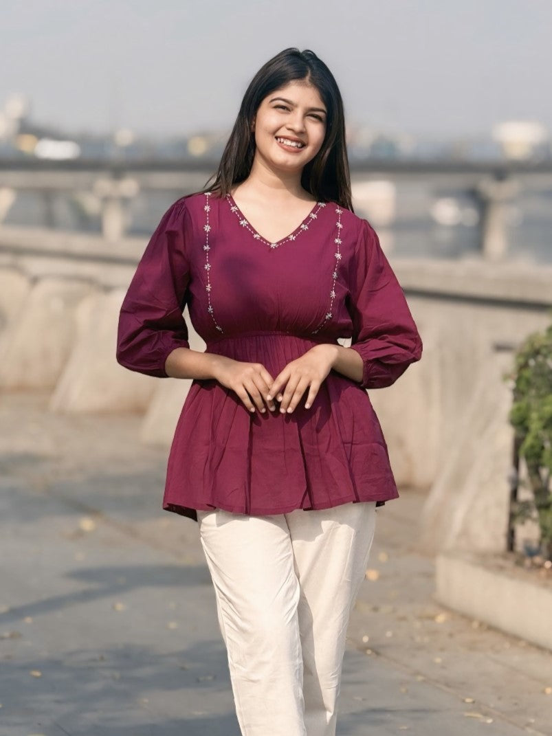 SUTRA Wine Handwork Cotton Short Top