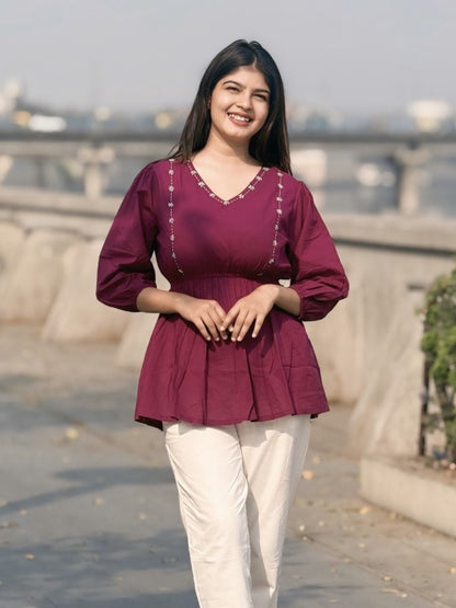 SUTRA Wine Handwork Cotton Short Top