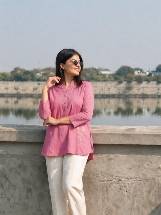 ELIO Mauve Pink Embroidered Cotton Short Top