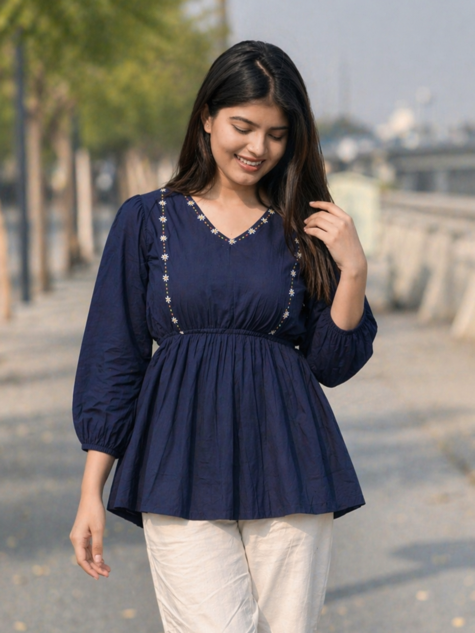 SUTRA Navy Blue Handwork Cotton Short Top