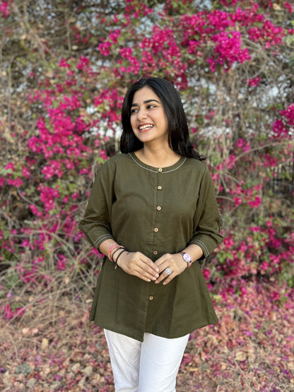 OLIVIA Olive Green Cotton Short Top