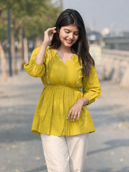 SUTRA Lemon Yellow Handwork Cotton Short Top