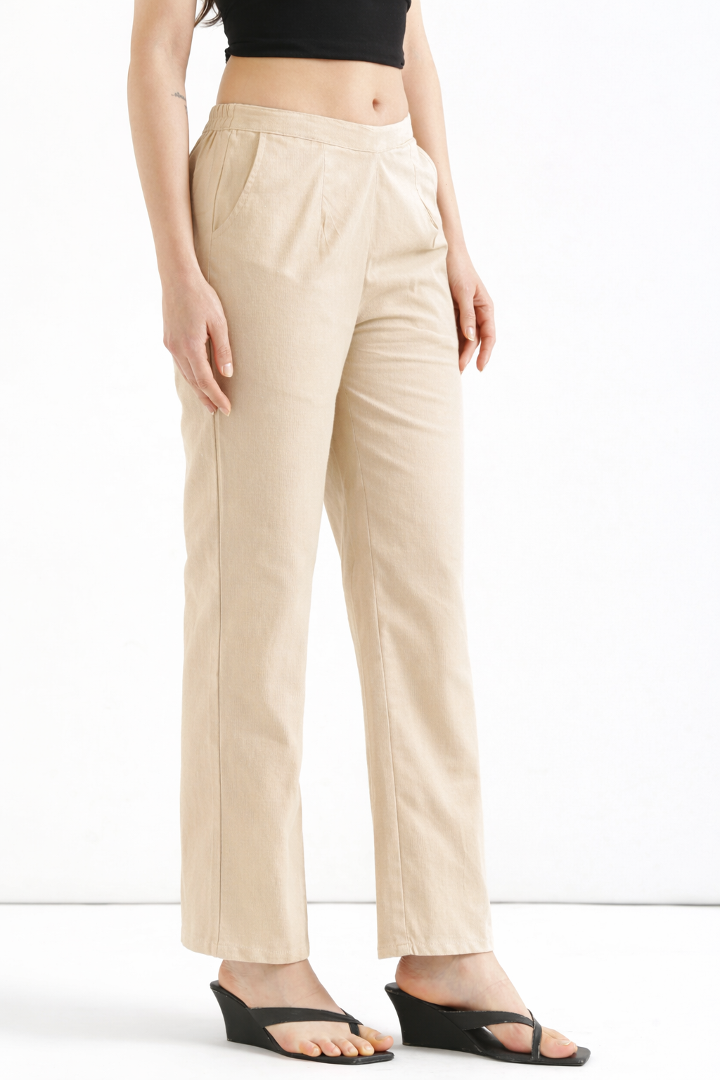 Women Beige Wide Leg Cotton Pant