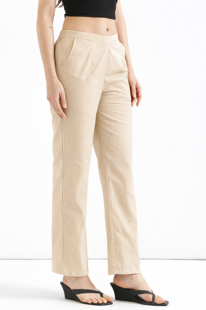 Women Beige Wide Leg Cotton Pant