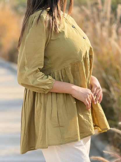 AURA Dusty Olive Solid Cotton Short Top