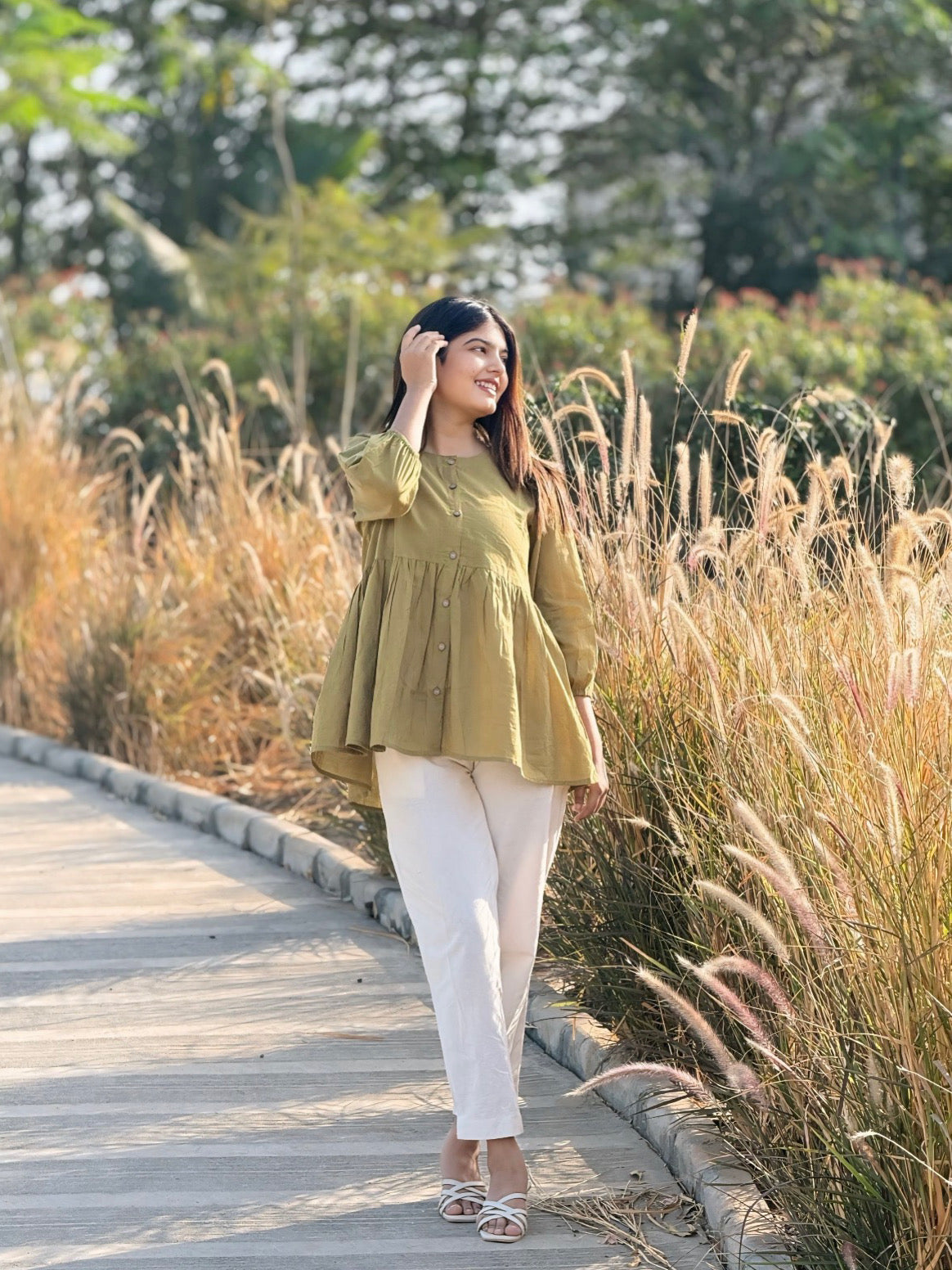 AURA Dusty Olive Solid Cotton Short Top
