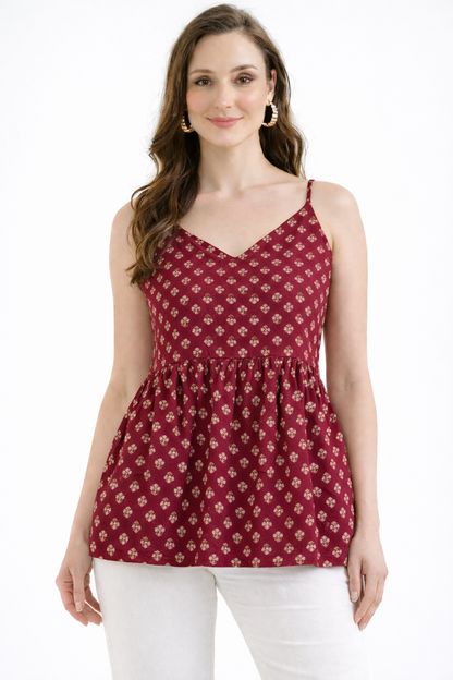 NYRA Royal Maroon Floral Peplum Cotton Top