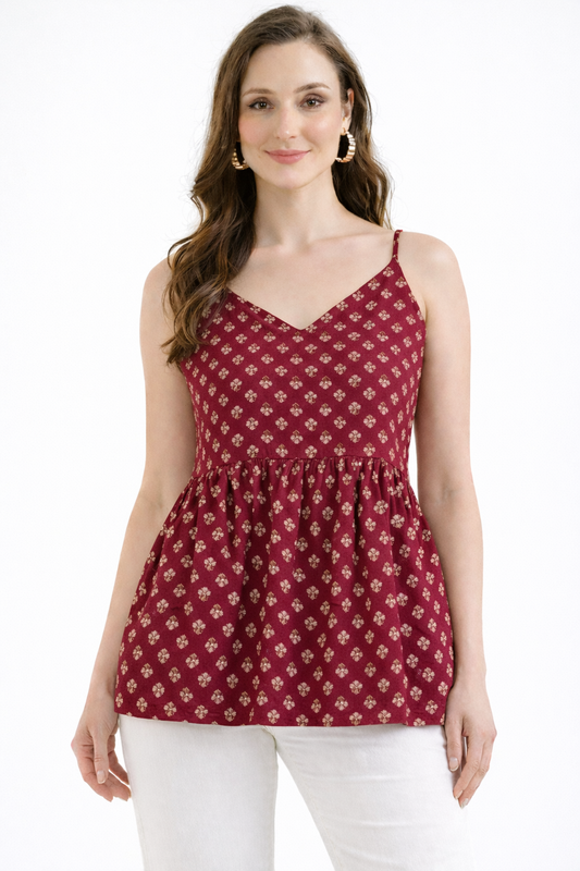 NYRA Royal Maroon Floral Peplum Cotton Top
