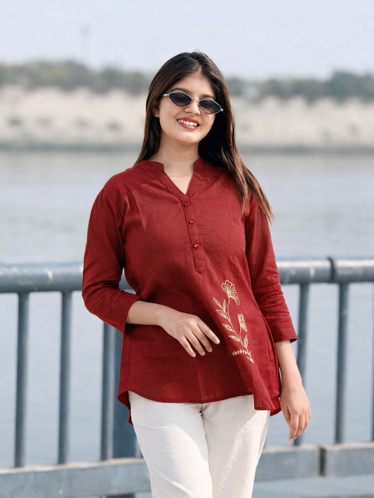 ELIO Crimson Red Embroidered Cotton Short Top