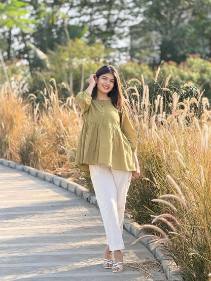 AURA Dusty Olive Solid Cotton Short Top