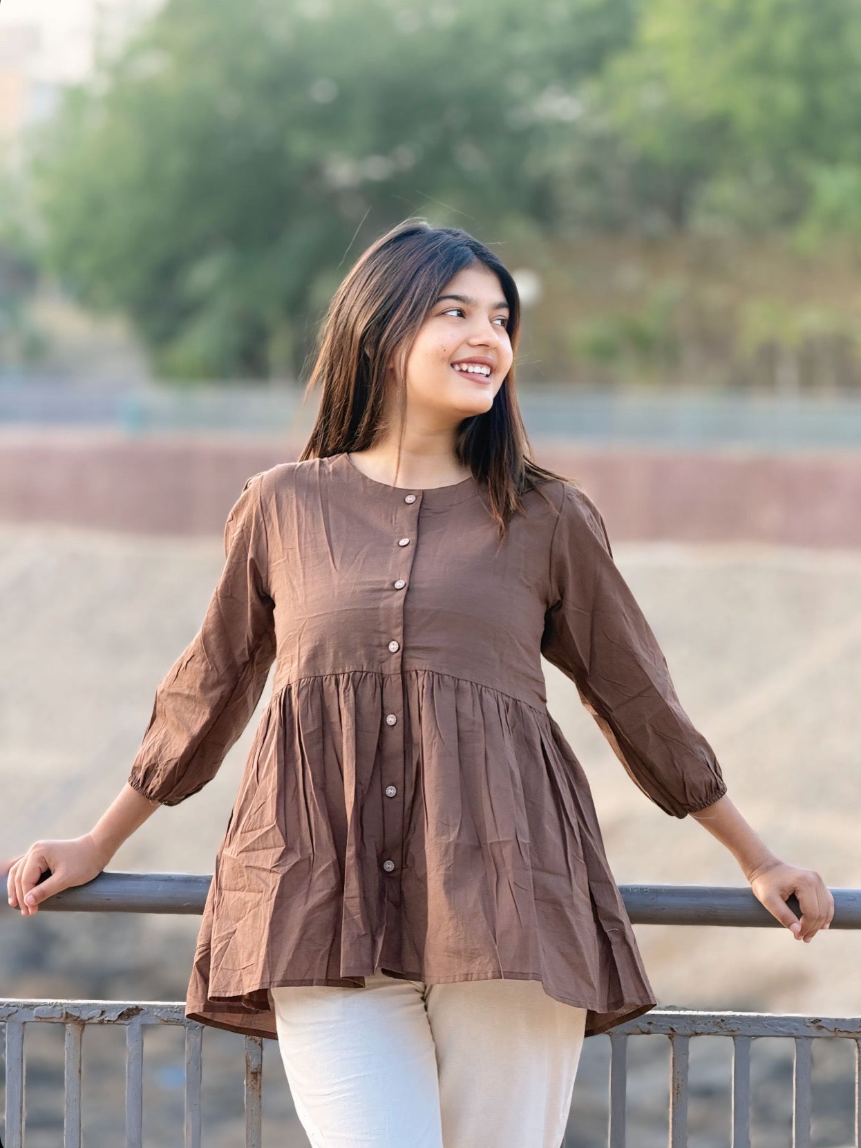 AURA Mocha Brown Solid Cotton Short Top