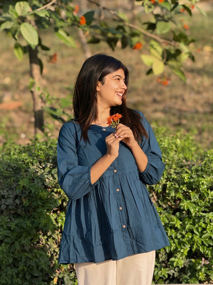 AURA Midnight Teal Solid Cotton Short Top