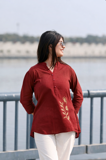 ELIO Crimson Red Embroidered Cotton Short Top