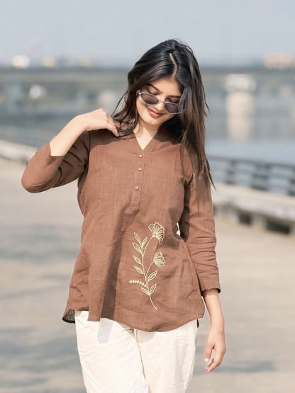 ELIO Coffee Brown Embroidered Cotton Short Top
