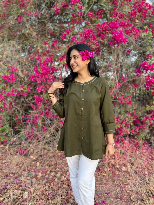 OLIVIA Olive Green Cotton Short Top