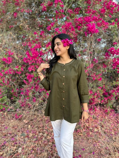 OLIVIA Olive Green Cotton Short Top