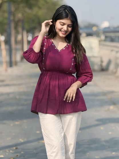 SUTRA Wine Handwork Cotton Short Top