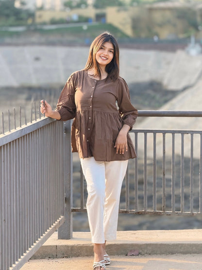 AURA Mocha Brown Solid Cotton Short Top
