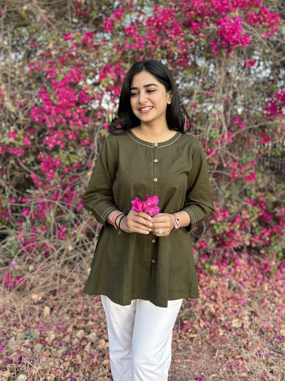 OLIVIA Olive Green Cotton Short Top