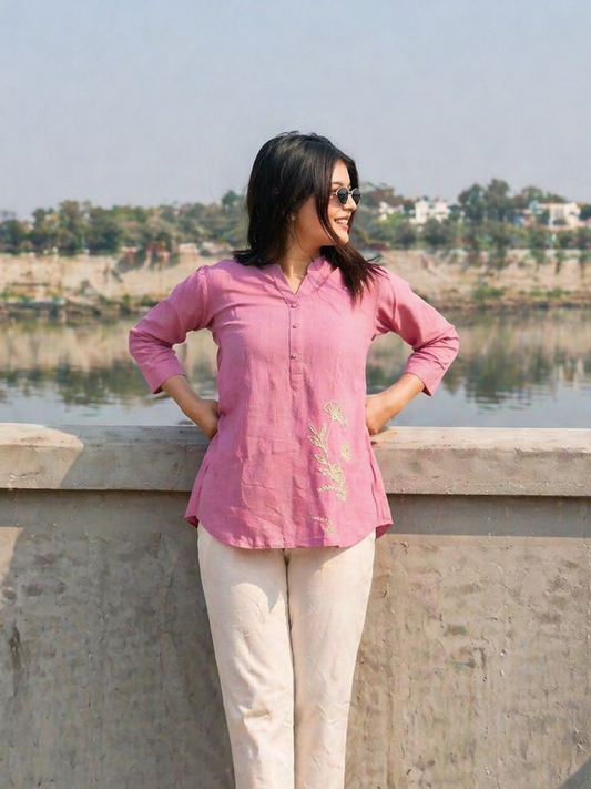 ELIO Mauve Pink Embroidered Cotton Short Top