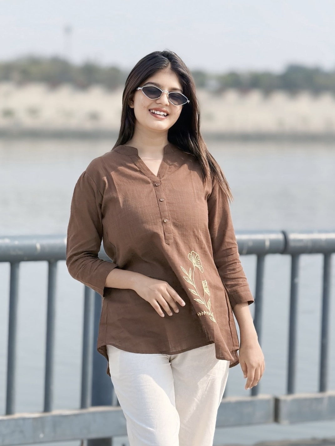 ELIO Coffee Brown Embroidered Cotton Short Top
