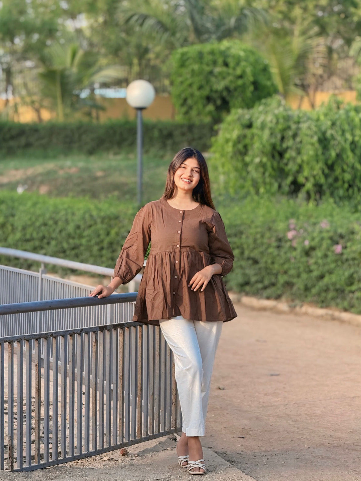 AURA Mocha Brown Solid Cotton Short Top