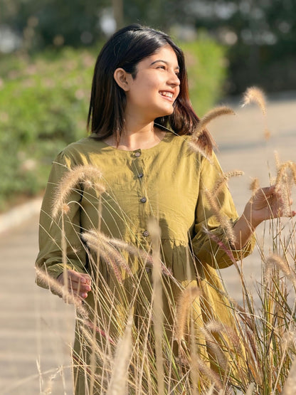 AURA Dusty Olive Solid Cotton Short Top