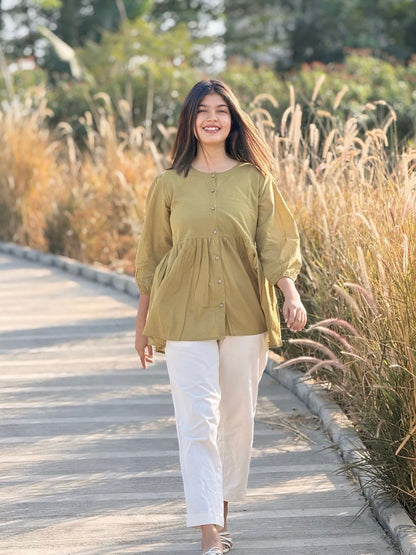 AURA Dusty Olive Solid Cotton Short Top