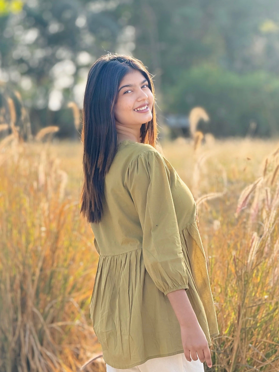 AURA Dusty Olive Solid Cotton Short Top