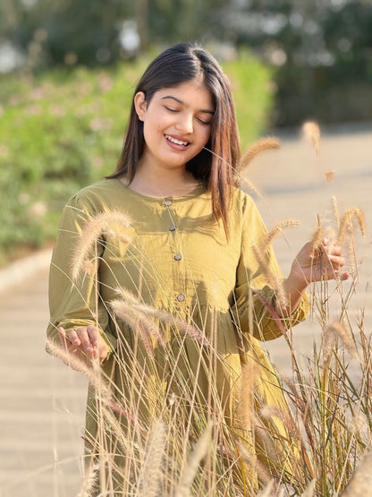 AURA Dusty Olive Solid Cotton Short Top