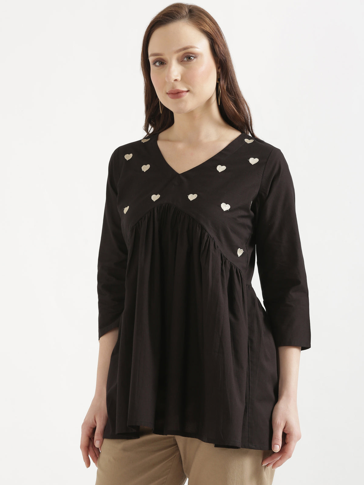 AARVI Black Embroidered Cotton Short Top