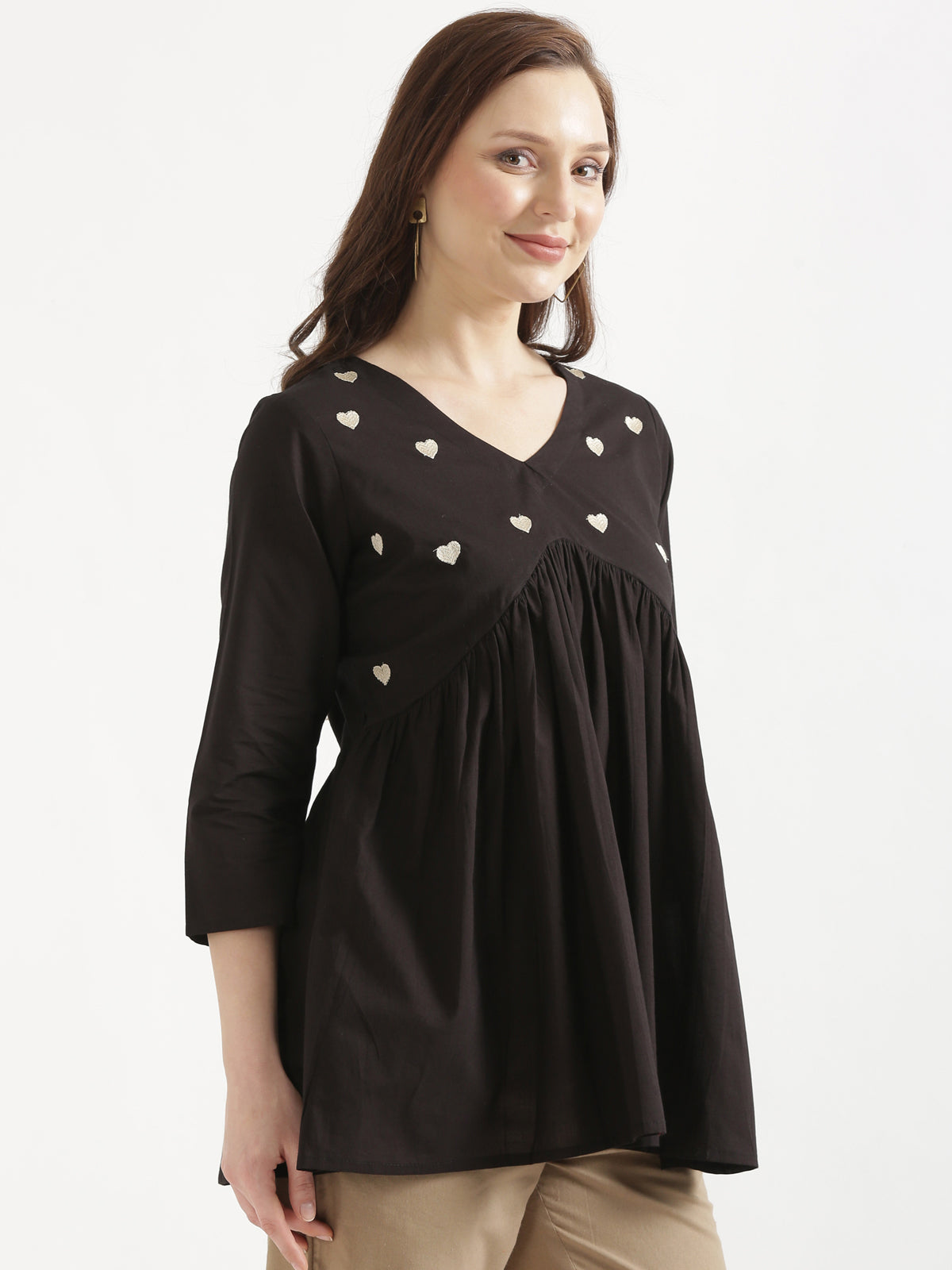 AARVI Black Embroidered Cotton Short Top