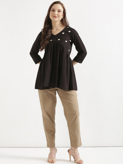 AARVI Black Embroidered Cotton Short Top