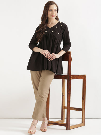 AARVI Black Embroidered Cotton Short Top