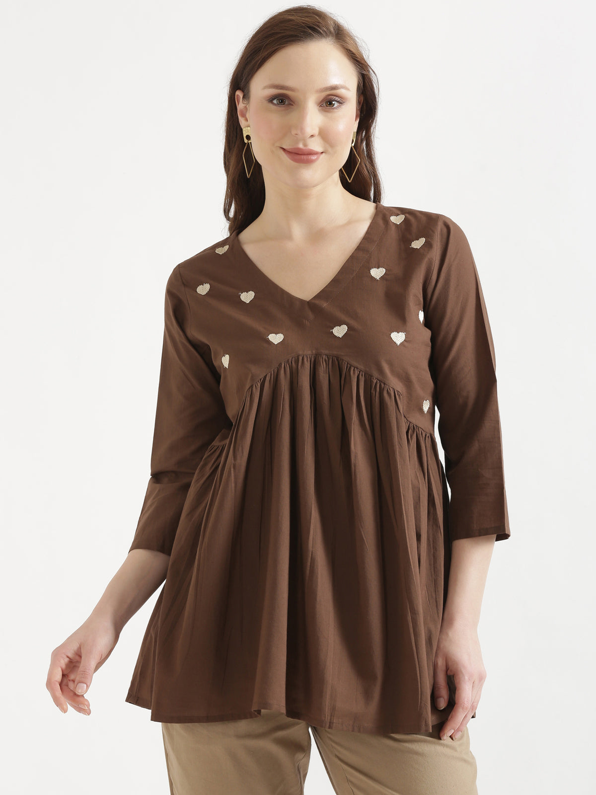 AARVI Mocha Brown Embroidered Cotton Short Top