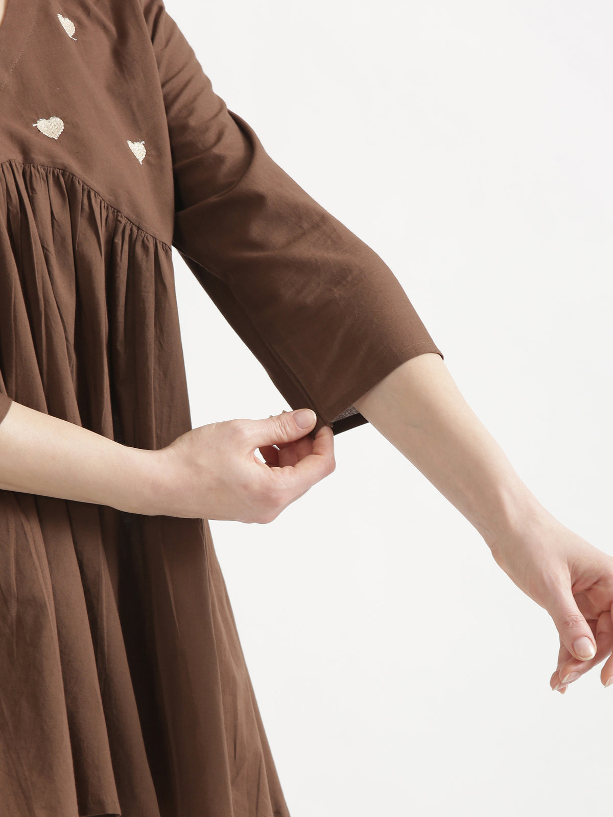 AARVI Mocha Brown Embroidered Cotton Short Top