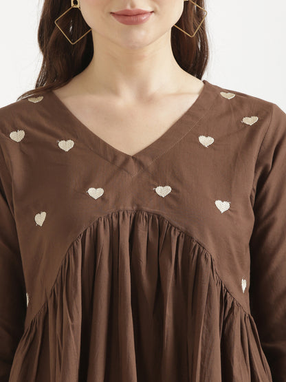 AARVI Mocha Brown Embroidered Cotton Short Top