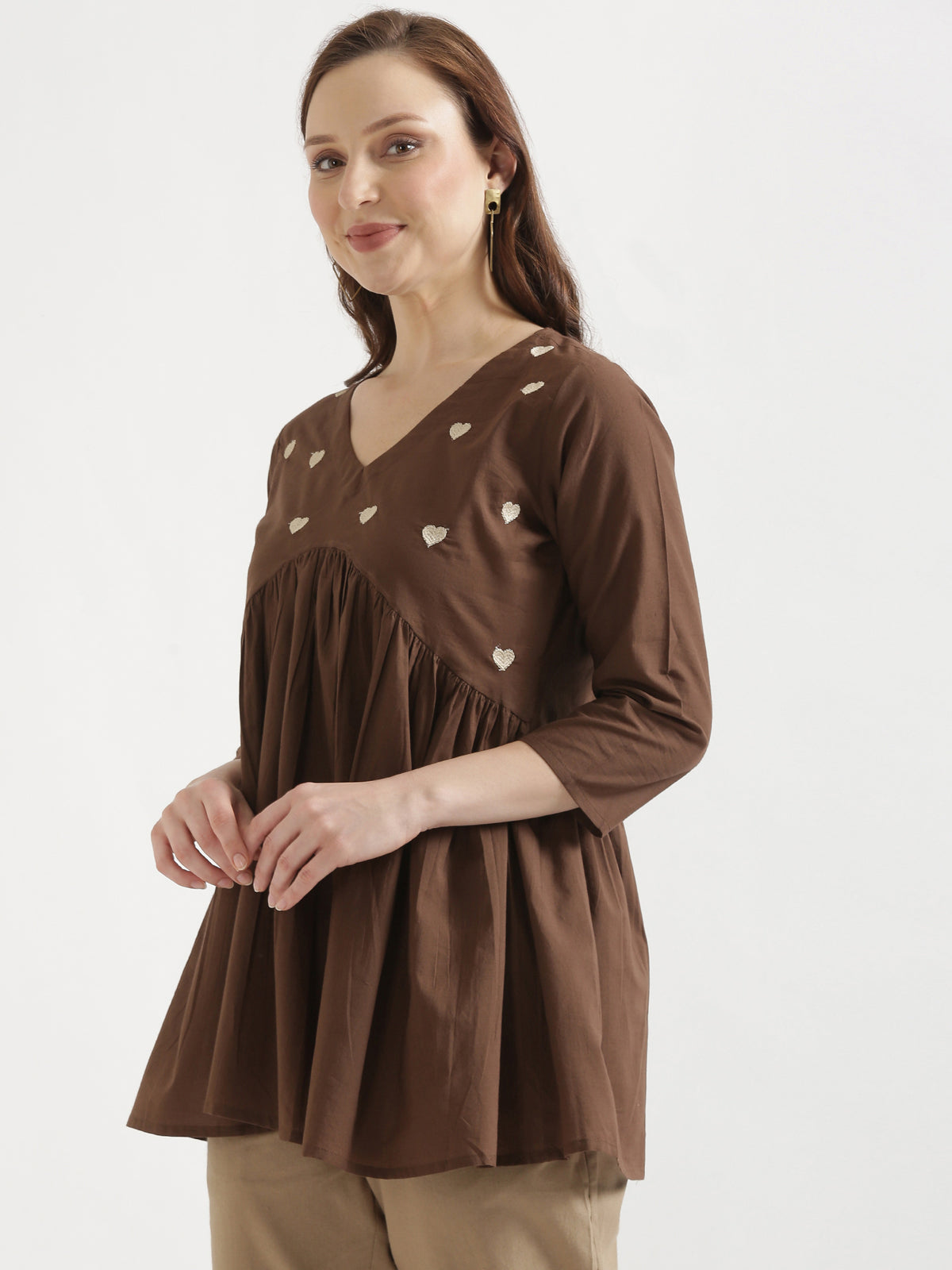 AARVI Mocha Brown Embroidered Cotton Short Top