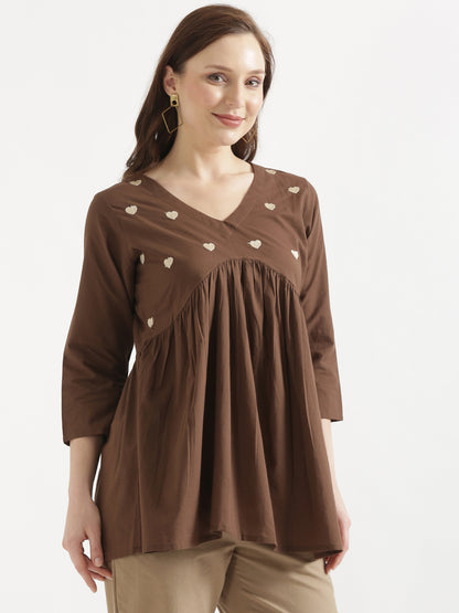 AARVI Mocha Brown Embroidered Cotton Short Top