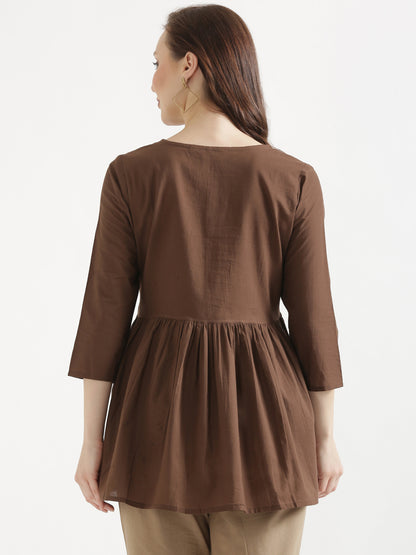 AARVI Mocha Brown Embroidered Cotton Short Top