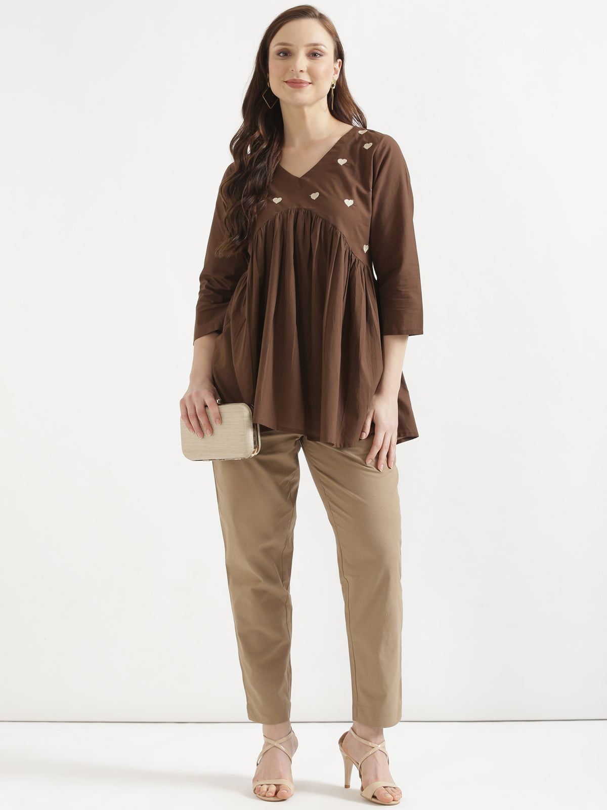 AARVI Mocha Brown Embroidered Cotton Short Top