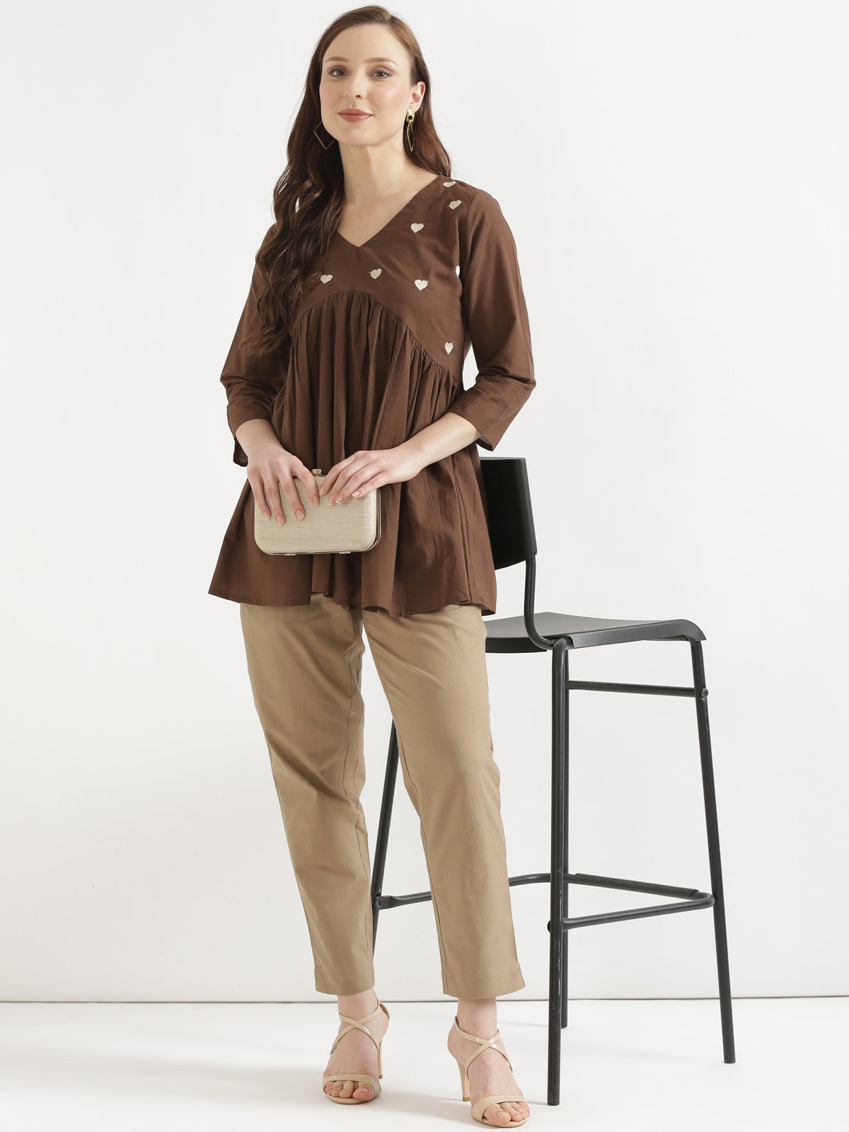 AARVI Mocha Brown Embroidered Cotton Short Top