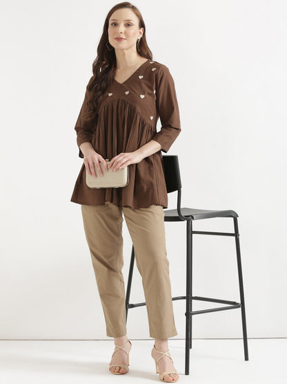 AARVI Mocha Brown Embroidered Cotton Short Top